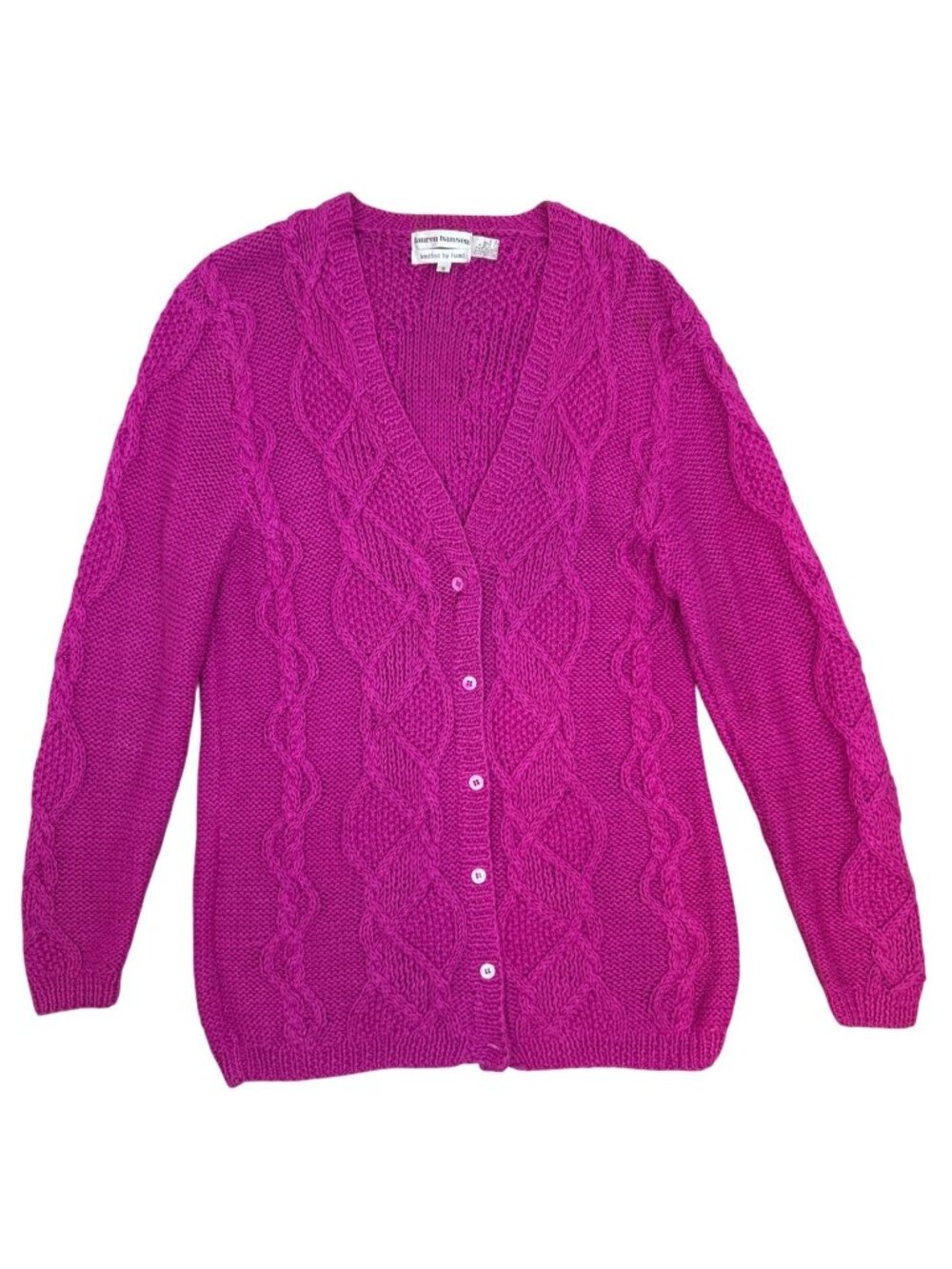 Vintage Lauren Hansen Size S Hand Knit Raspberry Pink Cable Knit Cardigan Cozy - Picture 10 of 16